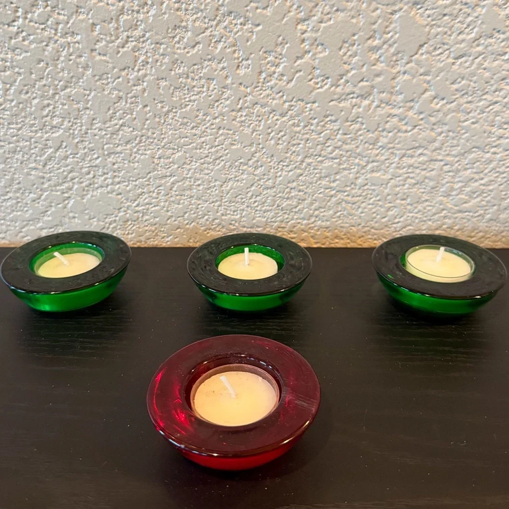 Crate&Barrel Green and Red Glow Glass Tealight Holders